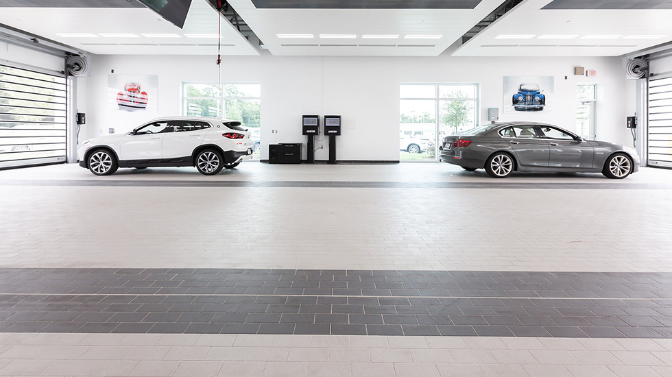 Service area flooring at BMW auto dealership